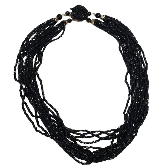 Unbranded Jewelry - Signed Necklace Art Deco Black Glass SEED Beads Strands Japan 18 In Vintage Scar